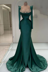 Designer Long Dark Green Beading Pearls Mermaid Prom Evening Dresses with Long Sleeves